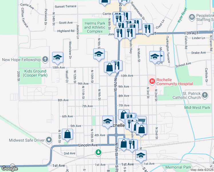 map of restaurants, bars, coffee shops, grocery stores, and more near 900 8th Street in Rochelle