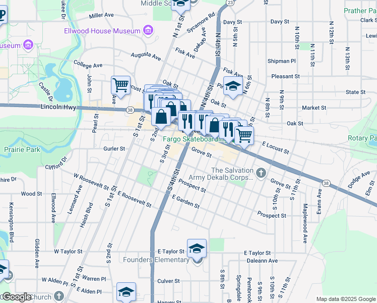 map of restaurants, bars, coffee shops, grocery stores, and more near 200 South 4th Street in DeKalb