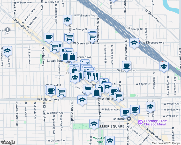 map of restaurants, bars, coffee shops, grocery stores, and more near 3025 West Logan Boulevard in Chicago