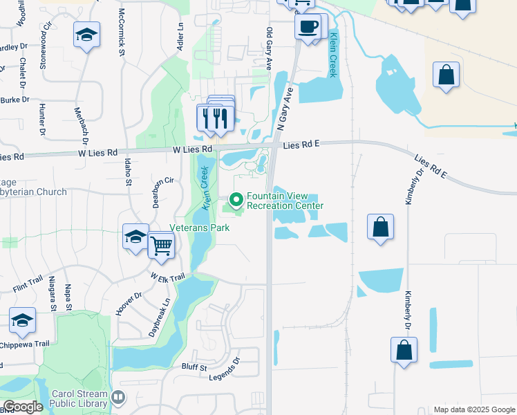 map of restaurants, bars, coffee shops, grocery stores, and more near 910 North Gary Avenue in Carol Stream