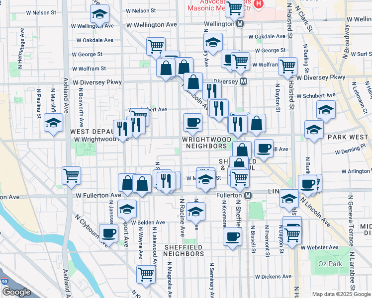 map of restaurants, bars, coffee shops, grocery stores, and more near 1156 West Lill Avenue in Chicago