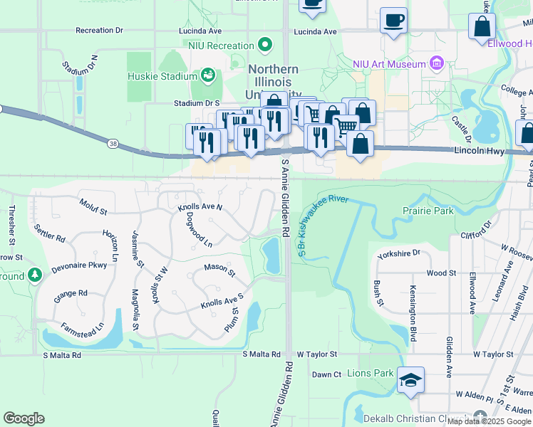 map of restaurants, bars, coffee shops, grocery stores, and more near 389 Deerpath Lane West in DeKalb