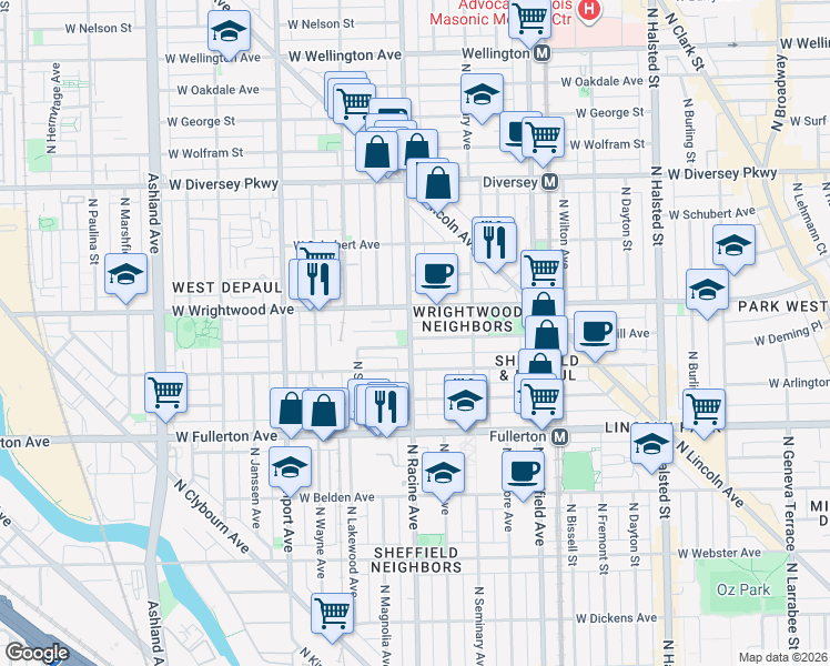 map of restaurants, bars, coffee shops, grocery stores, and more near 1156 West Lill Avenue in Chicago