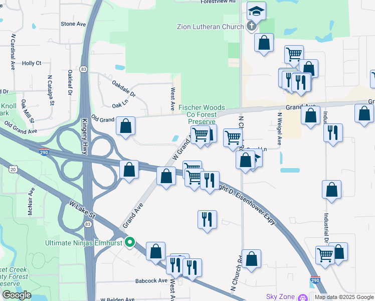 map of restaurants, bars, coffee shops, grocery stores, and more near 530 West Grand Avenue in Elmhurst