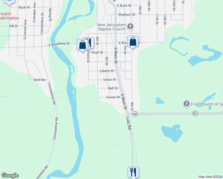 map of restaurants, bars, coffee shops, grocery stores, and more near 1504 5th Street in Three Rivers