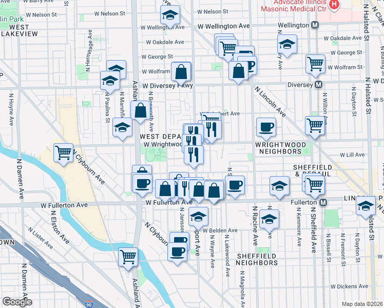 map of restaurants, bars, coffee shops, grocery stores, and more near 2531 North Southport Avenue in Chicago