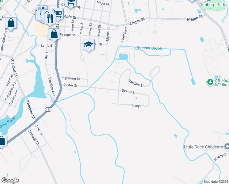 map of restaurants, bars, coffee shops, grocery stores, and more near 101 Dexter Street in Attleboro