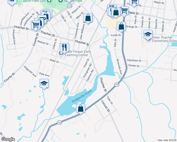 map of restaurants, bars, coffee shops, grocery stores, and more near 43 Evergreen Road in Attleboro