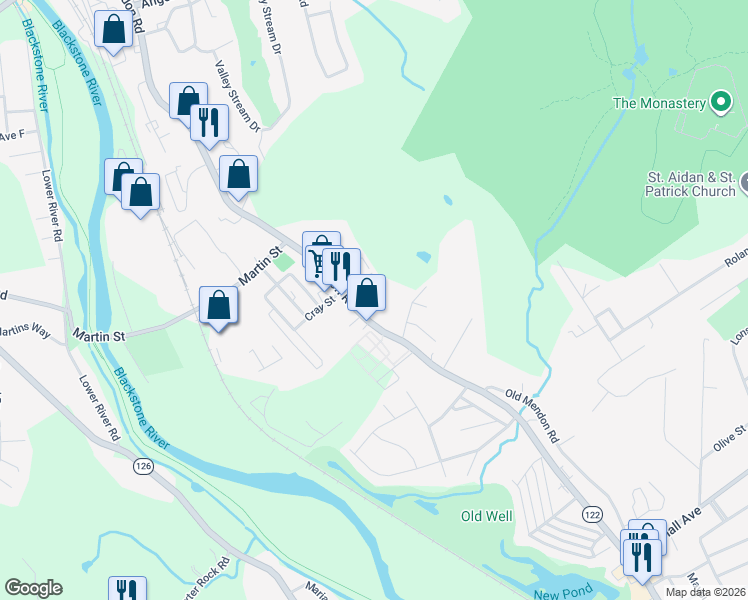 map of restaurants, bars, coffee shops, grocery stores, and more near 4 Cushing Street in Cumberland