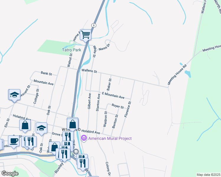 map of restaurants, bars, coffee shops, grocery stores, and more near 33 Baker Street in Winsted