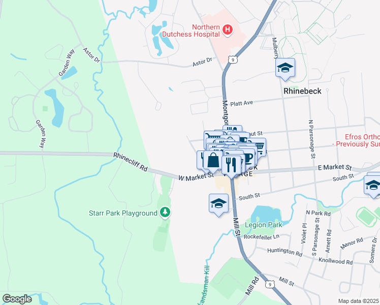 map of restaurants, bars, coffee shops, grocery stores, and more near 22 Oak Street in Rhinebeck