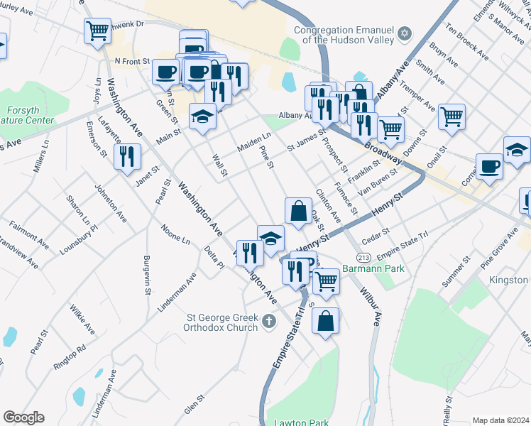 map of restaurants, bars, coffee shops, grocery stores, and more near 129 Wall Street in Kingston
