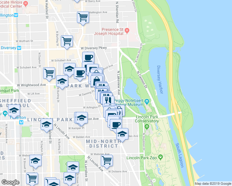 map of restaurants, bars, coffee shops, grocery stores, and more near in Chicago