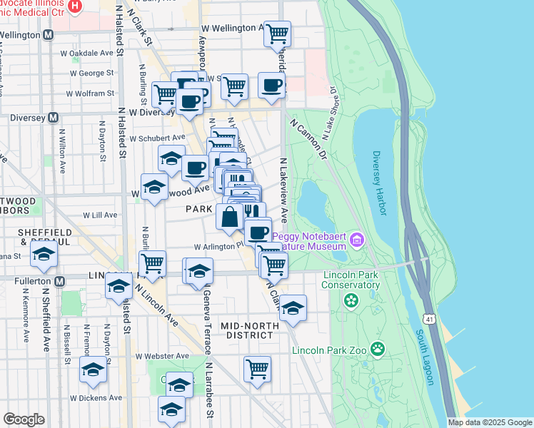 map of restaurants, bars, coffee shops, grocery stores, and more near 439 West Saint James Place in Chicago