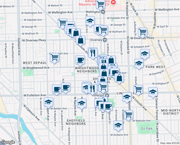 map of restaurants, bars, coffee shops, grocery stores, and more near 1043 West Lill Avenue in Chicago