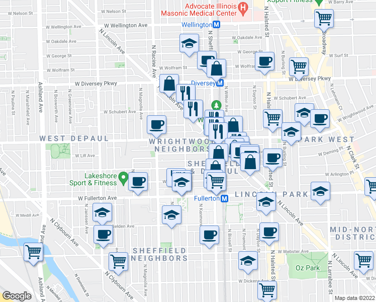 map of restaurants, bars, coffee shops, grocery stores, and more near 1043 West Lill Avenue in Chicago