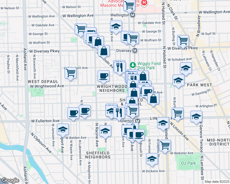 map of restaurants, bars, coffee shops, grocery stores, and more near 1043 West Lill Avenue in Chicago