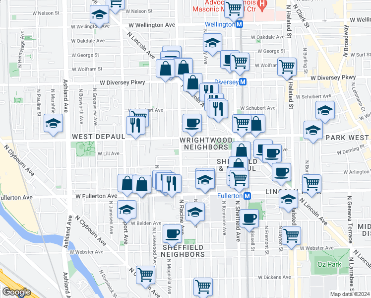 map of restaurants, bars, coffee shops, grocery stores, and more near 1156 West Lill Avenue in Chicago