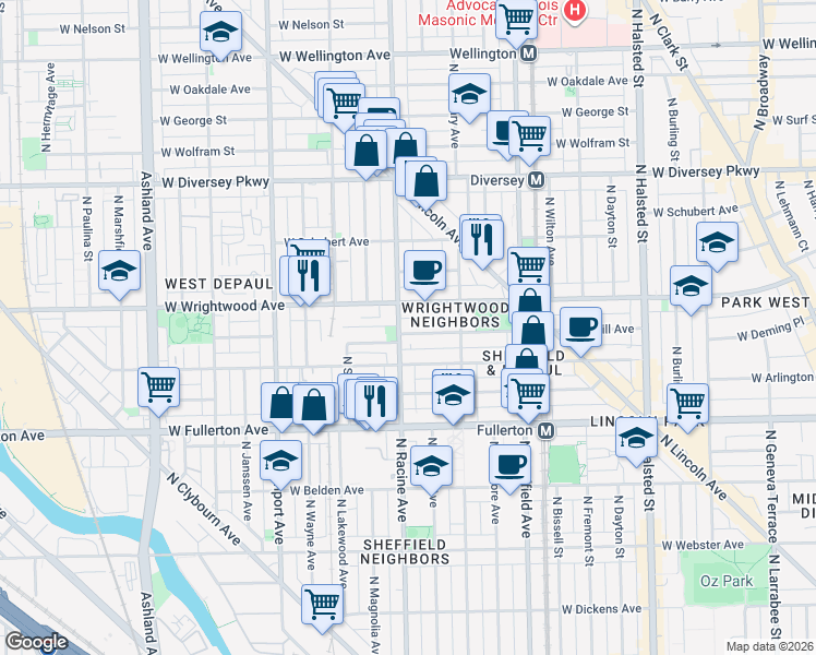 map of restaurants, bars, coffee shops, grocery stores, and more near 1156 West Lill Avenue in Chicago