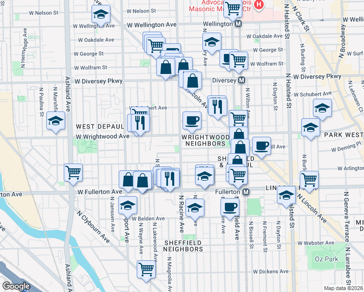 map of restaurants, bars, coffee shops, grocery stores, and more near 1156 West Lill Avenue in Chicago
