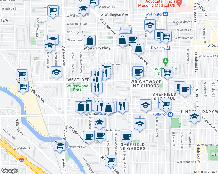 map of restaurants, bars, coffee shops, grocery stores, and more near 1256 West Draper Street in Chicago