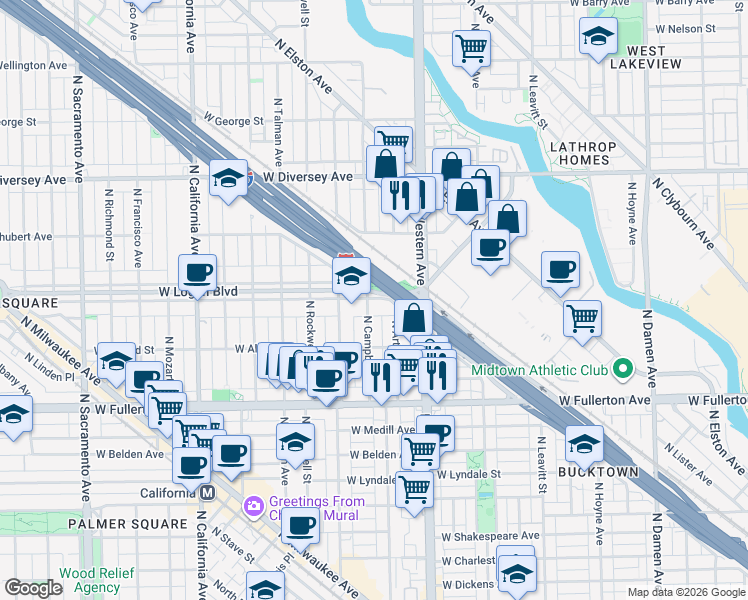 map of restaurants, bars, coffee shops, grocery stores, and more near 2518 North Campbell Avenue in Chicago