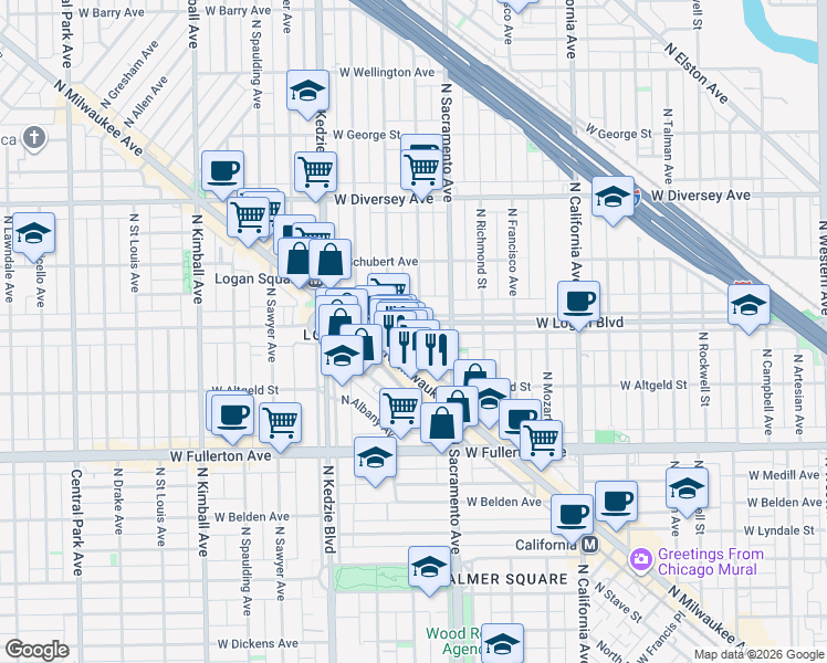 map of restaurants, bars, coffee shops, grocery stores, and more near 3025 West Logan Boulevard in Chicago