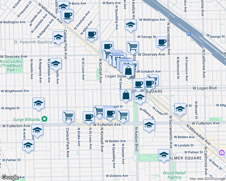 map of restaurants, bars, coffee shops, grocery stores, and more near 3303 West Wrightwood Avenue in Chicago