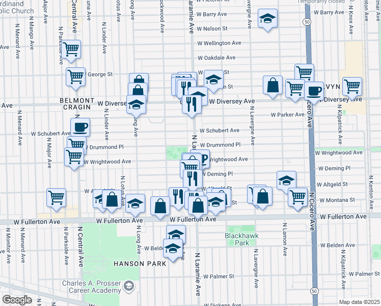 map of restaurants, bars, coffee shops, grocery stores, and more near in Chicago