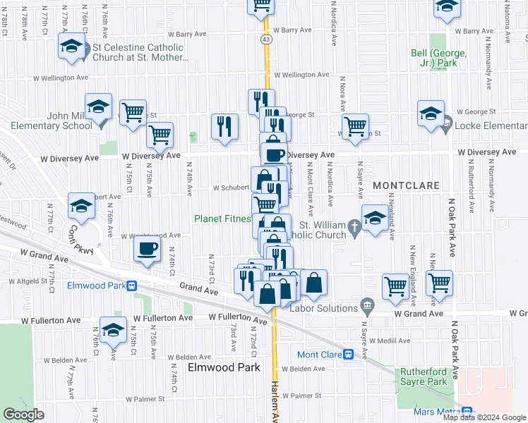 map of restaurants, bars, coffee shops, grocery stores, and more near 7210 West Wrightwood Avenue in Elmwood Park