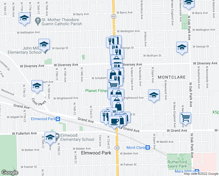 map of restaurants, bars, coffee shops, grocery stores, and more near 7210 West Wrightwood Avenue in Elmwood Park