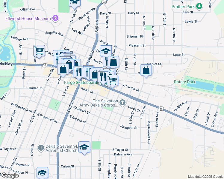 map of restaurants, bars, coffee shops, grocery stores, and more near 116 South 7th Street in DeKalb