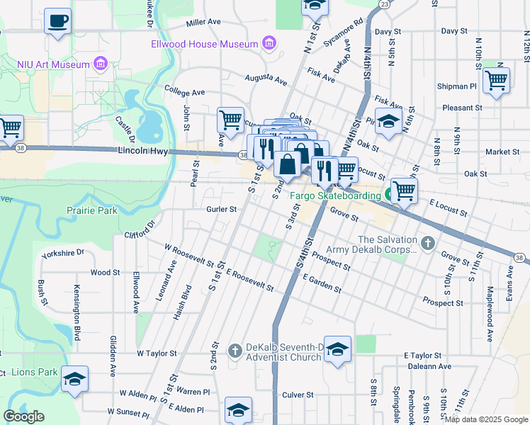 map of restaurants, bars, coffee shops, grocery stores, and more near 310 South 2nd Street in DeKalb