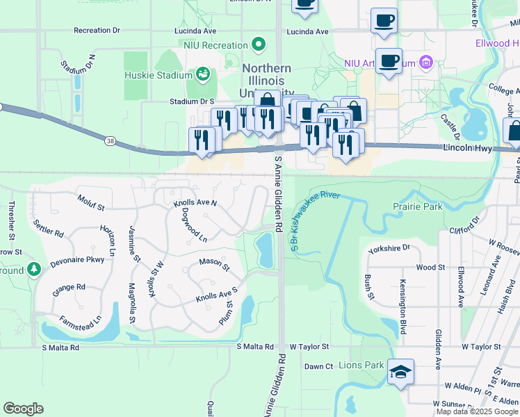 map of restaurants, bars, coffee shops, grocery stores, and more near 389 Deerpath Lane West in DeKalb