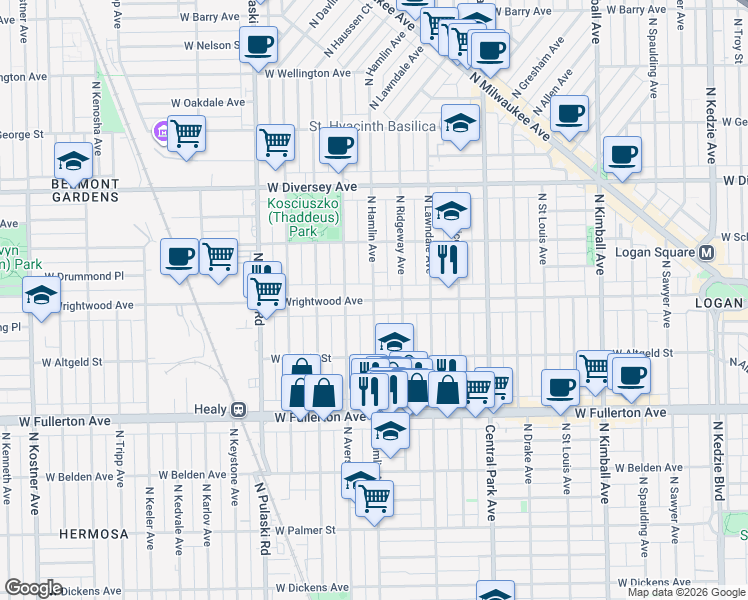 map of restaurants, bars, coffee shops, grocery stores, and more near N Hamlin Ave & W Wrightwood Ave in Chicago