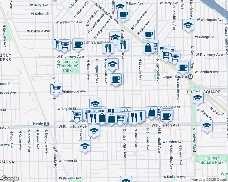 map of restaurants, bars, coffee shops, grocery stores, and more near 2576 North Monticello Avenue in Chicago
