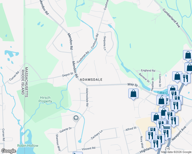 map of restaurants, bars, coffee shops, grocery stores, and more near 18 Haduk Drive in North Attleborough