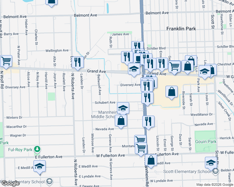 map of restaurants, bars, coffee shops, grocery stores, and more near 2709 Granville Avenue in Melrose Park
