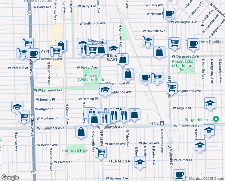 map of restaurants, bars, coffee shops, grocery stores, and more near 4316 West Wrightwood Avenue in Chicago