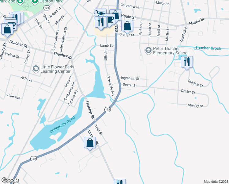 map of restaurants, bars, coffee shops, grocery stores, and more near 316 South Main Street in Attleboro