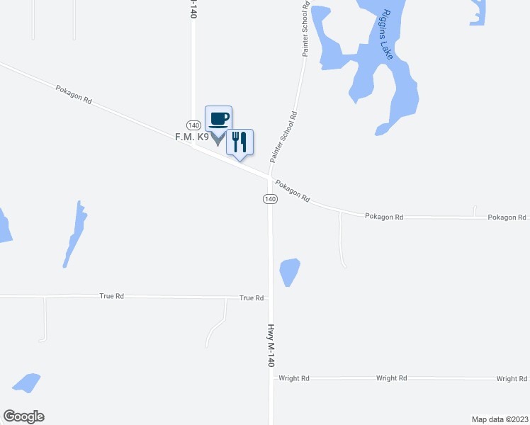 map of restaurants, bars, coffee shops, grocery stores, and more near 10482 Michigan 140 in Berrien Center