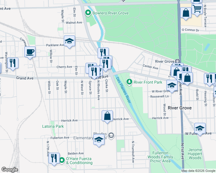 map of restaurants, bars, coffee shops, grocery stores, and more near 2632 River Road in River Grove