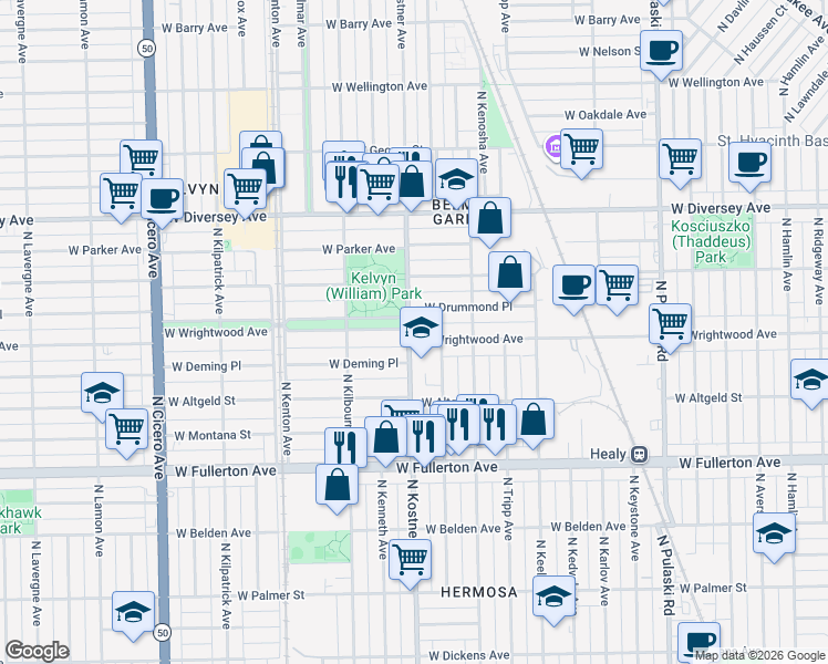 map of restaurants, bars, coffee shops, grocery stores, and more near in Chicago
