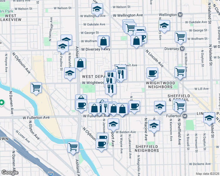 map of restaurants, bars, coffee shops, grocery stores, and more near 2540 North Southport Avenue in Chicago