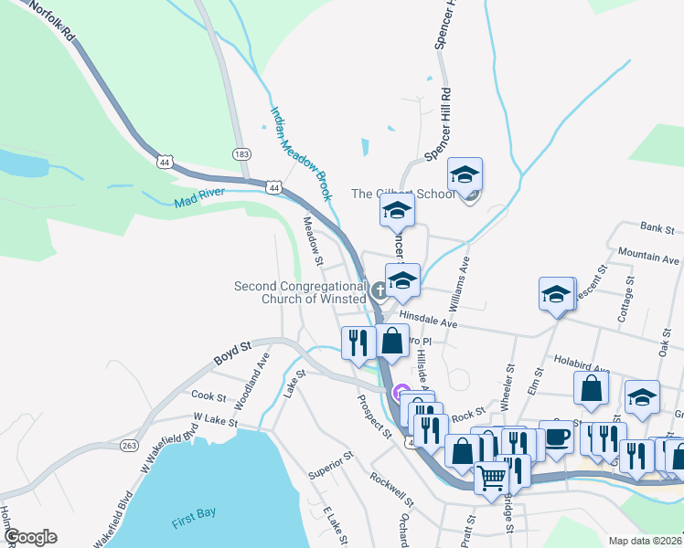 map of restaurants, bars, coffee shops, grocery stores, and more near 41 Front Street in Winsted