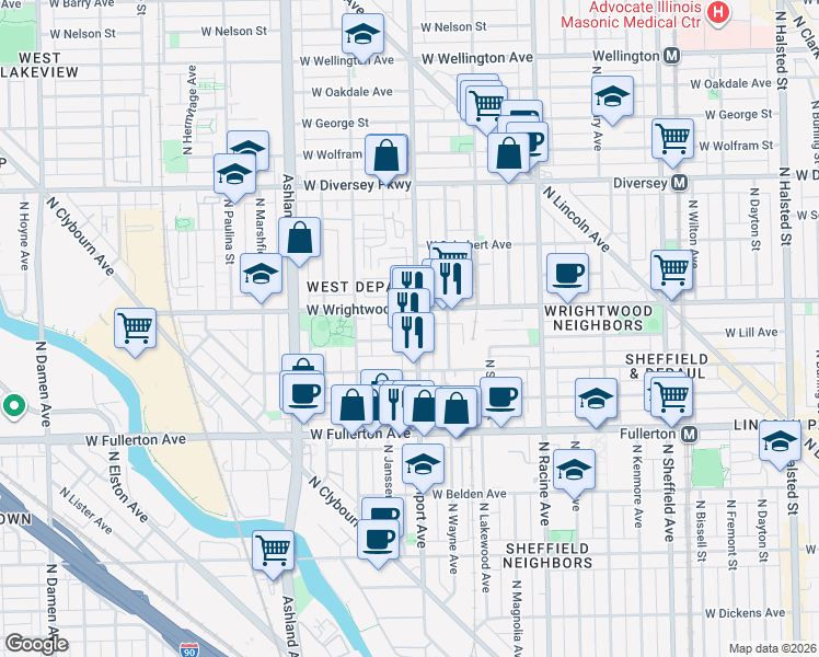map of restaurants, bars, coffee shops, grocery stores, and more near 2531 North Southport Avenue in Chicago