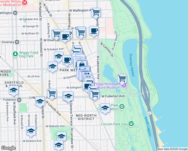 map of restaurants, bars, coffee shops, grocery stores, and more near 439 West Saint James Place in Chicago