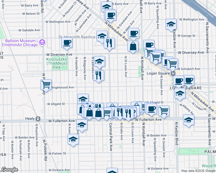 map of restaurants, bars, coffee shops, grocery stores, and more near 3604 West Wrightwood Avenue in Chicago
