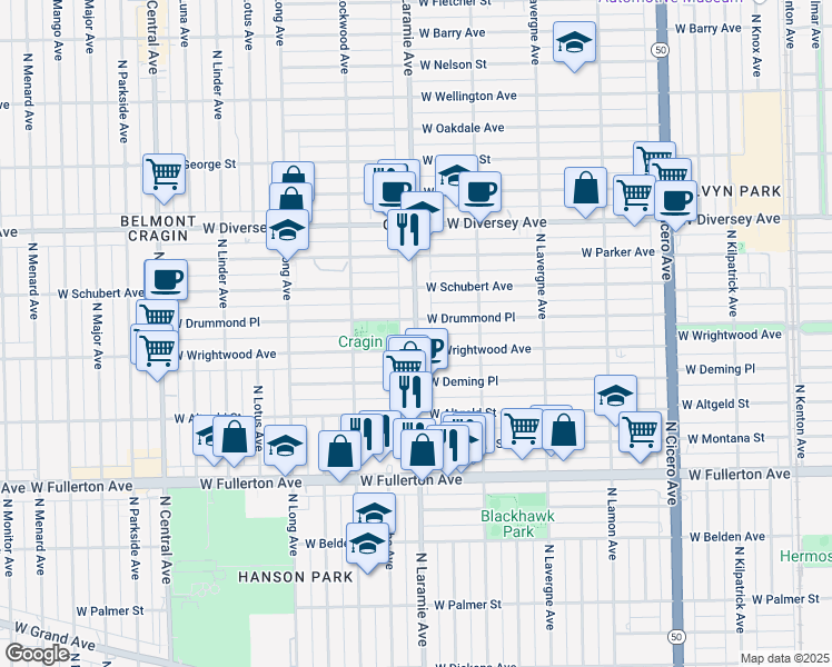 map of restaurants, bars, coffee shops, grocery stores, and more near 2612 North Laramie Avenue in Chicago