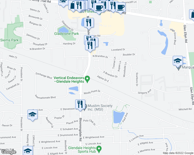 map of restaurants, bars, coffee shops, grocery stores, and more near 251 Alpine Drive East in Glendale Heights
